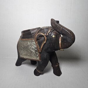 Vintage India Handcrafted Gold Metal Fitted Wooden Elephant Figurine Unique